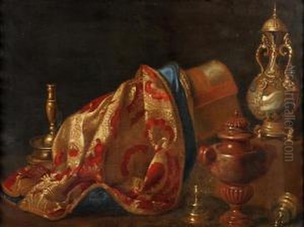 A Still Life Of A 
Gilt-metal-mounted Agate Vase And Cover, A Marmorosso Antiquo Urn, A 
Velvet Damask, A Casket And A Heemskirk Brasscandlesticks On A Ledge Oil Painting by Pieter Gerritsz. van Roestraten