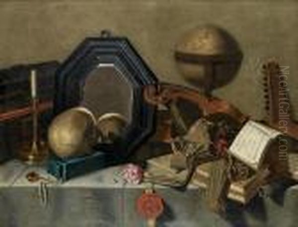 Still Life Of A Skull, A
Mirror, A Globe, Books, Musical Instruments And Other Objects On A
Draped Table Top Oil Painting by Pieter Gerritsz. van Roestraten