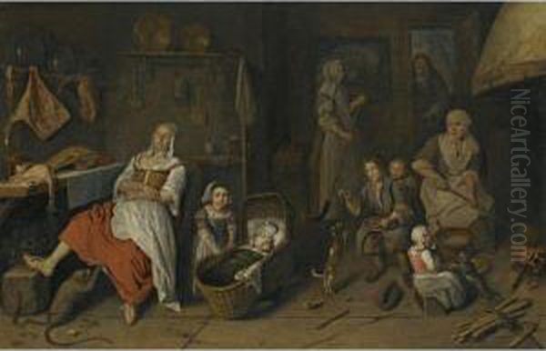 A Kitchen Interior With A Woman Cooking At The Hearth Oil Painting by Pieter Gerritsz. van Roestraten