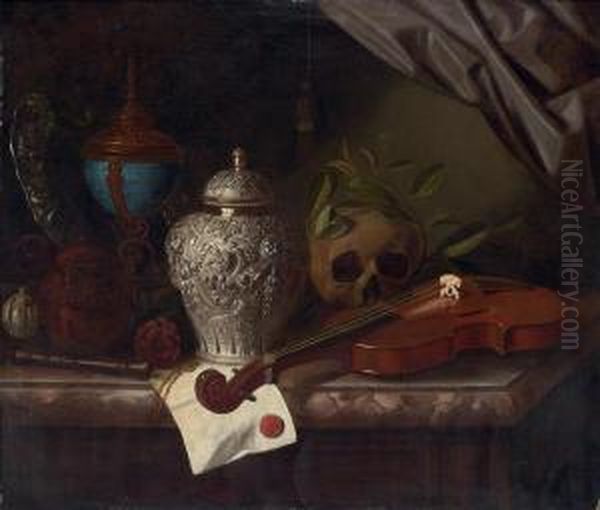 Violin, A Skull Draped With 
Laurel Branches, A Silver Ginger Jar, A Recorder, A Letter With A Red 
Seal, A Silver Gilt Hardstone Cup And A Silver Dish On A Marble Ledge Oil Painting by Pieter Gerritsz. van Roestraten