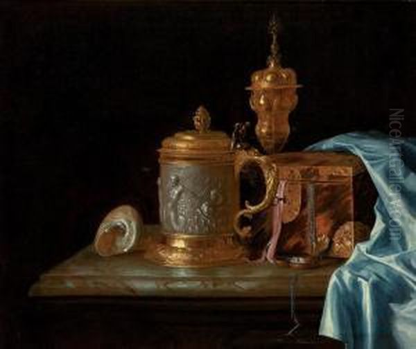 A Sculpted Alabaster Tankard, A Conch Shell Oil Painting by Pieter Gerritsz. van Roestraten