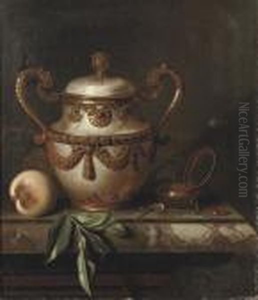 An Eleborately Decorated Vase, A Pocket Watch And A Peach On A Marble Ledge Oil Painting by Pieter Gerritsz. van Roestraten