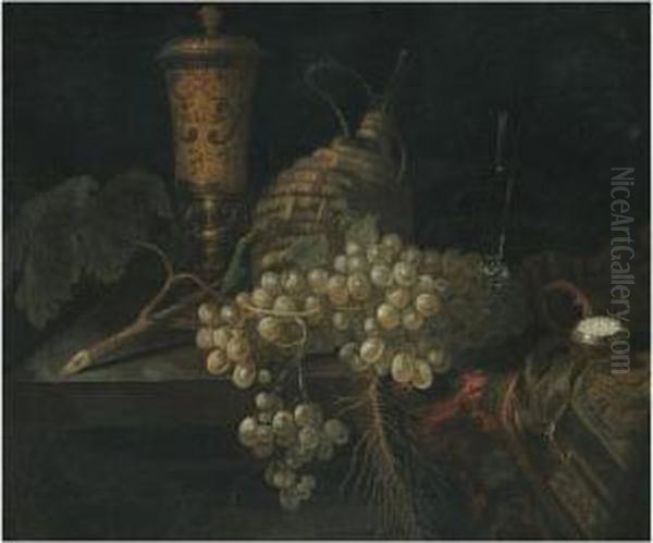 A Still Life With A Golden 
Goblet, A Flagon Of Wine, A Pocketwatch, A Bunch Of Grapes And Other 
Objects All Laid Out On A Stoneledge Partly Draped With A Carpet Oil Painting by Pieter Gerritsz. van Roestraten