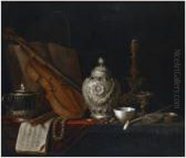 A Still Life With A Silver 
Ginger Jar, A Violin, A Pearl Necklace, A Recorder, Music Sheets, A 
Silver Porringer, A Book, A Globe, A Gilt Candlestick, A Glass, A 
Porcelain Bowl, A Pipe, A Silver Box And Almonds, All On A Wooden Table,
 Draped With A Oil Painting by Pieter Gerritsz. van Roestraten