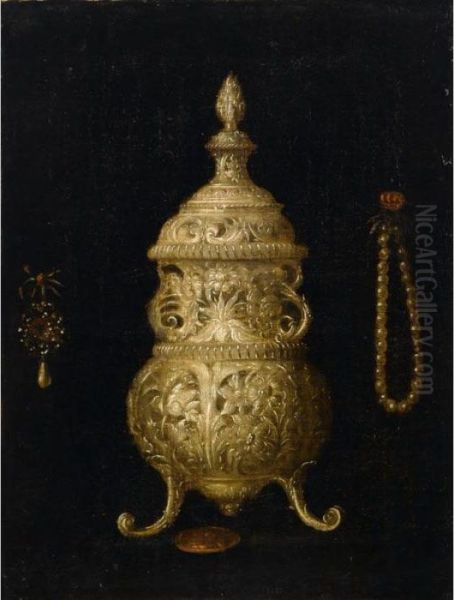 A Still Life With A Silver Perfume Burner, A Brooch And A Pearl Necklace Oil Painting by Pieter Gerritsz. van Roestraten