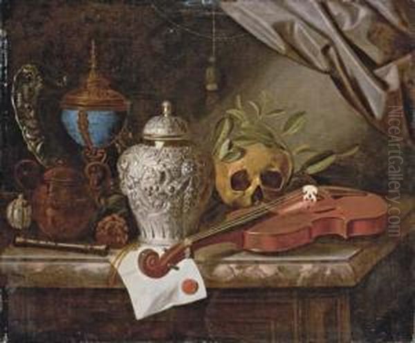 A Vanitas Still-life With A 
Violin, A Silver Ginger Jar, A Recorder, A Letter With A Red Seal, A 
Silver-gilt Hardstone Cup And Cover, A Duth Embossed Silver Dish And A 
Skull Wreathed With Laurel On A Marble Ledge Oil Painting by Pieter Gerritsz. van Roestraten