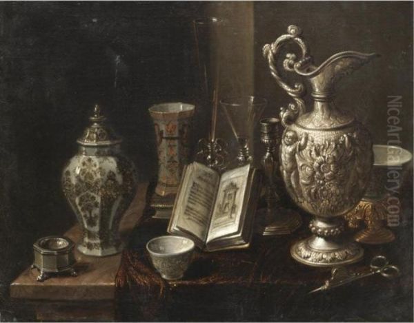 A Still Life With A Silver Ewer,
 A Candle Snuffer, Various Glasses And Porcelain Vases Together On A 
Marble Tabletop Draped With A Cloth Oil Painting by Pieter Gerritsz. van Roestraten