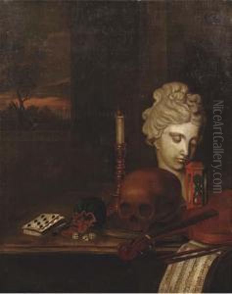 A 'vanitas' With An Evening Landscape In The Background Oil Painting by Pieter Gerritsz. van Roestraten