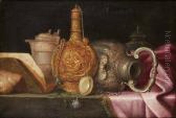 Stilleben Med Vinflaska Och Keramikkrus. Uppfodrad Duk 39 X 57 Cm Oil Painting by Pieter Gerritsz. van Roestraten