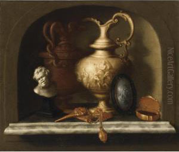 A Still Life With Two Sculpted 
Jugs With A Scene With Neptune, An Intaglio Medallion, A Golden 
Snuff-box, A Golden Chatelaine And A Small Bust Of A Satyr, All In A 
Stone Niche Oil Painting by Pieter Gerritsz. van Roestraten