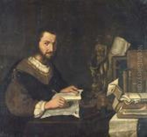 Portrait Of A Connoisseur, 
Seated At A Desk, With Manuscripts, Astatuette Of Venus And Cupid, And 
Scientific Instruments Oil Painting by Pieter Gerritsz. van Roestraten