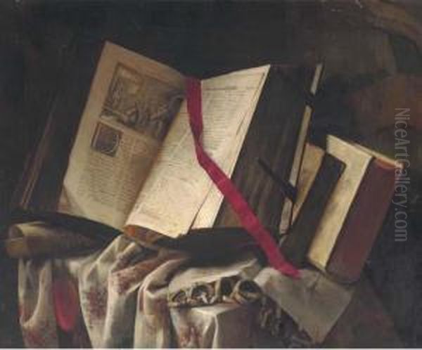 Books On A Partly Draped Table Oil Painting by Pieter Gerritsz. van Roestraten