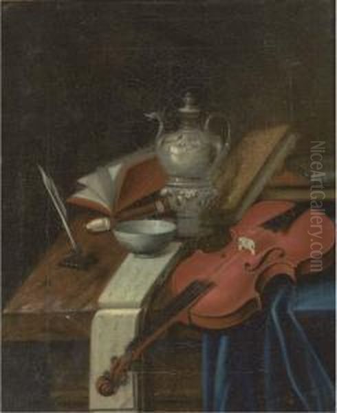 A Violin, A Recorder, A Music 
Score, A Quill And Ink, A Silverteapot And Books On A Partially Draped 
Table Oil Painting by Pieter Gerritsz. van Roestraten