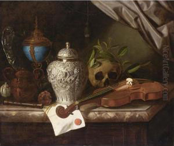 A Vanitas Still Life With A 
Violin, A Recorder, A Skull Draped With Laurel Branches, A Silver Ginger
 Jar, A Sugar Pot, A Standing Cup And Cover With Silver-gilt Mounts, A 
Silver Chased Dish And A Letter With A Red Seal, All On A Marble Ledge Oil Painting by Pieter Gerritsz. van Roestraten