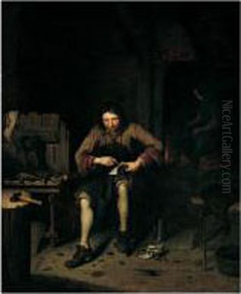 A Cobbler's Shop Oil Painting by Pieter Gerritsz. van Roestraten