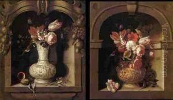 Still Life Of A Bouquet Of Flowers In A Vase In A Niche: A Pair Of Paintings Oil Painting by Pieter Gerritsz. van Roestraten