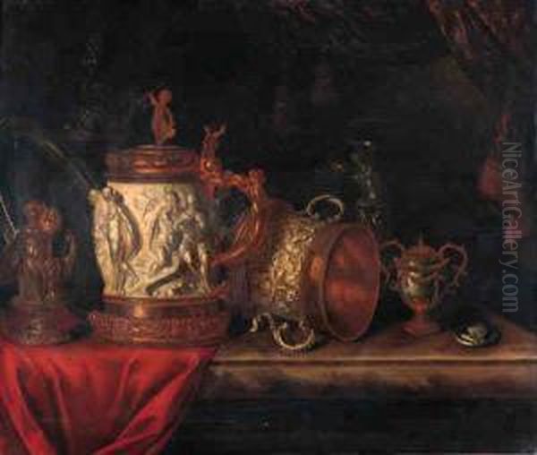 A Pronk Still Life With A Gilt 
Dish, A Gilt Cup And Cover, A Bronzesculpture Of A Seated Putto, An 
Ormulo Mounted Carved Ivorytankard, A Silver Gilt Ewer And A Medal On A 
Marble Ledge By Acurtain Oil Painting by Pieter Gerritsz. van Roestraten