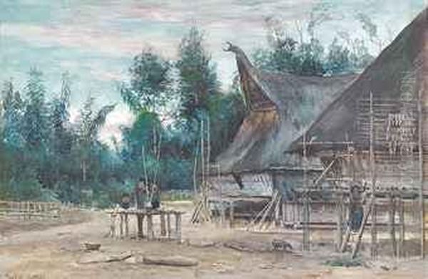 Kampong Houses Of The Pendoeloe Oil Painting by Fredericus Jacobus Van Rossum Du Chattel