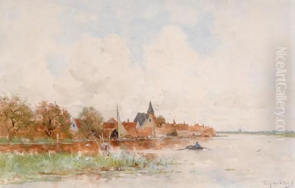 A Village By The Water Oil Painting by Fredericus Jacobus Van Rossum Du Chattel