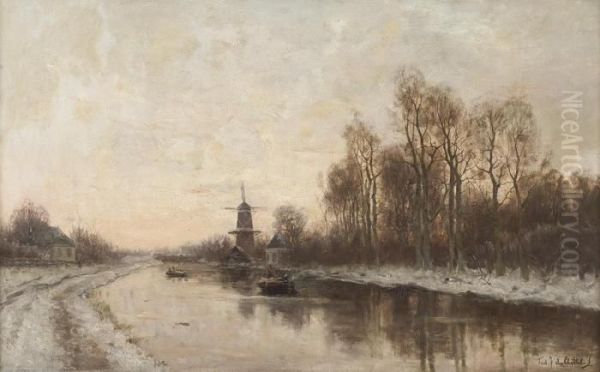 Hollandische Flusslandschaft Mit Windmuhle Im Winter Oil Painting by Fredericus Jacobus Van Rossum Du Chattel