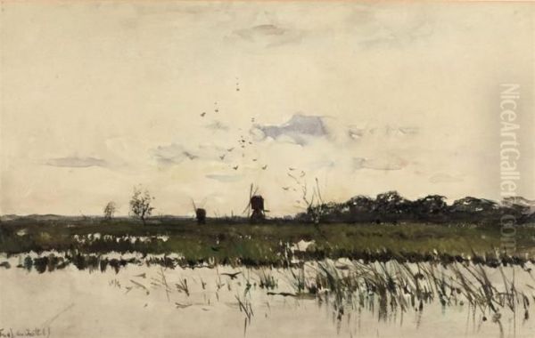 Mills In A Polder Landscape Oil Painting by Fredericus Jacobus Van Rossum Du Chattel