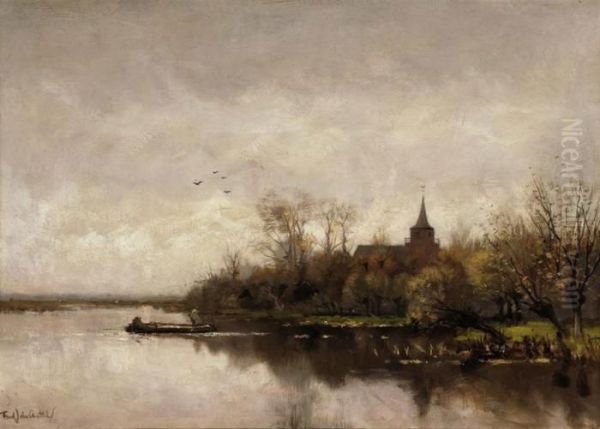 A Church In A River Landscape Oil Painting by Fredericus Jacobus Van Rossum Du Chattel