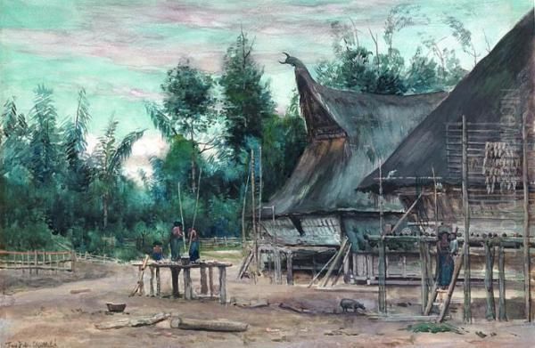 Village On Sumatra Oil Painting by Fredericus Jacobus Van Rossum Du Chattel