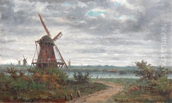 Windmills By The River Oil Painting by Fredericus Jacobus Van Rossum Du Chattel