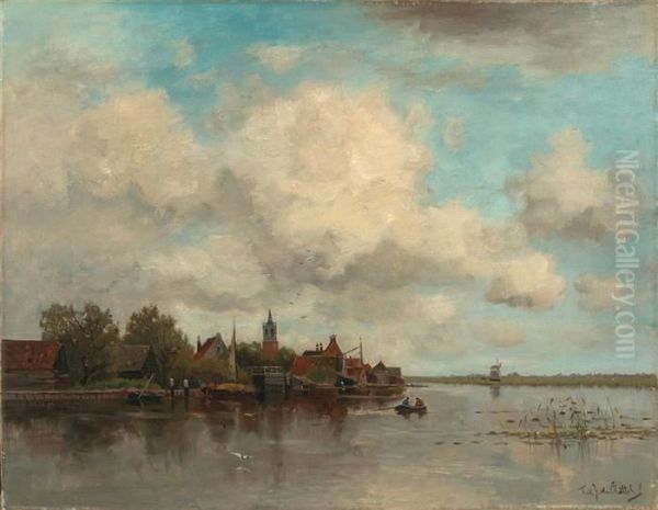 Weite Hollandische Flusslandschaft Mit Boten. Oil Painting by Fredericus Jacobus Van Rossum Du Chattel