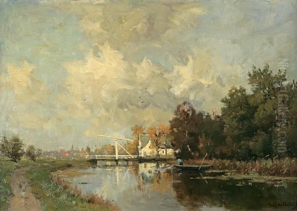 A Fisherman Along A Dutch Canal Oil Painting by Fredericus Jacobus Van Rossum Du Chattel