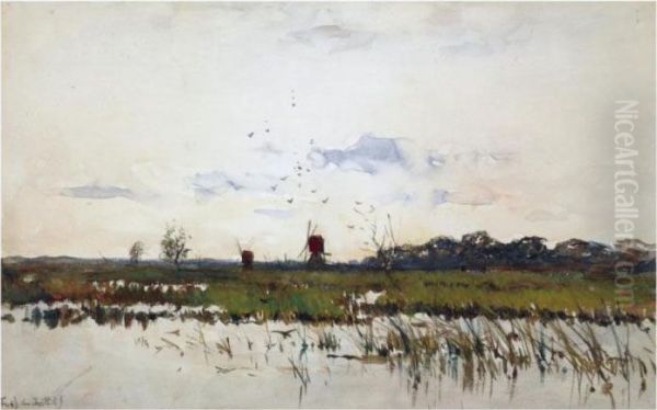 Windmills In A Polder Landscape Oil Painting by Fredericus Jacobus Van Rossum Du Chattel