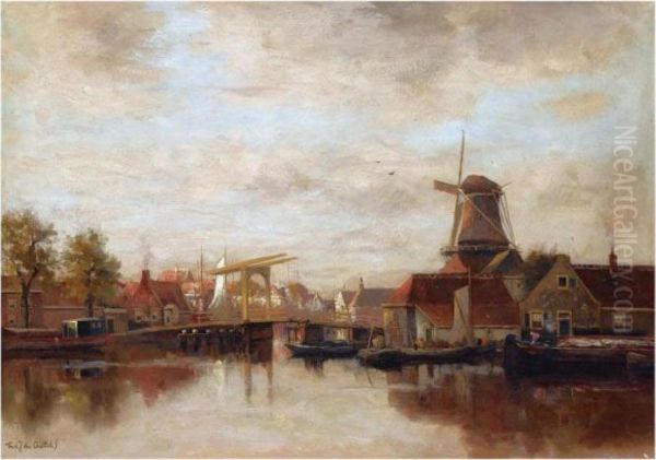 A View Of A Town On The River Vecht Oil Painting by Fredericus Jacobus Van Rossum Du Chattel