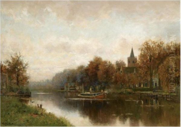 The River Vecht Near Loenen Oil Painting by Fredericus Jacobus Van Rossum Du Chattel