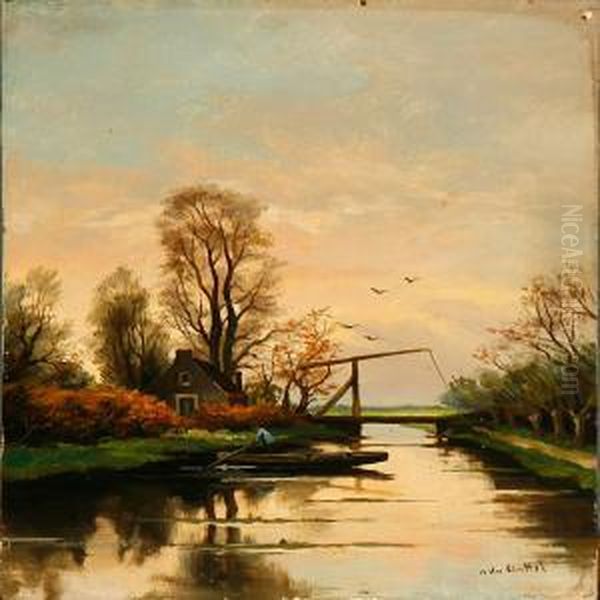 Evening Atmosphere Near An Old Wood Bridge At A Canal Inholland Oil Painting by Fredericus Jacobus Van Rossum Du Chattel