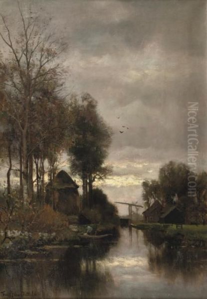 Along A Stream On An Afternoon In Autumn Oil Painting by Fredericus Jacobus Van Rossum Du Chattel