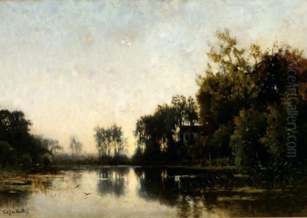 Trees Reflecting In Apond Oil Painting by Fredericus Jacobus Van Rossum Du Chattel