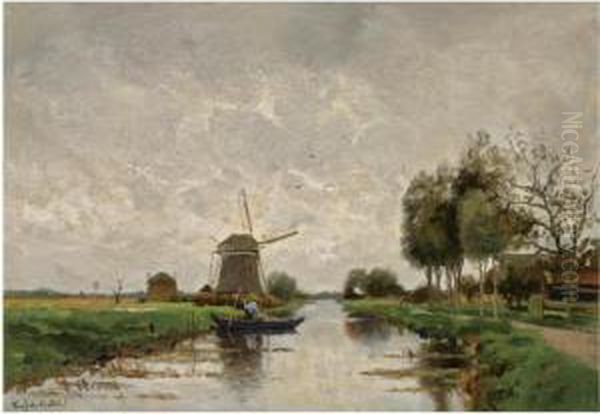 Boating In A Polder Landscape Oil Painting by Fredericus Jacobus Van Rossum Du Chattel