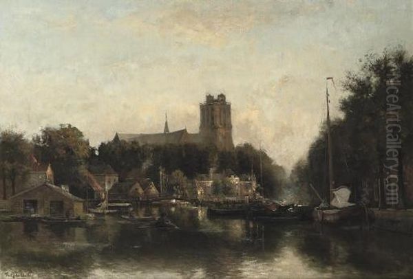 The New Harbour Of Dordrecht With The Grote Kerk Beyond Oil Painting by Fredericus Jacobus Van Rossum Du Chattel