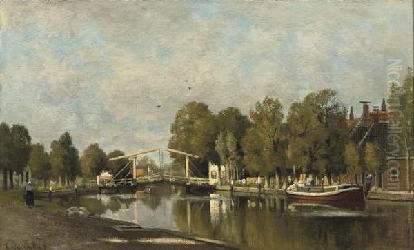 Vreeland Along The River Vecht, With The Voorstraat And The Van Leer Bridge Oil Painting by Fredericus Jacobus Van Rossum Du Chattel