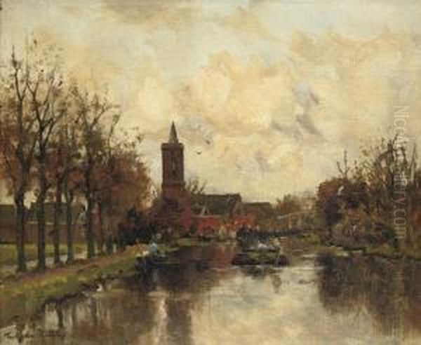 An Autumn Day On The Vecht Near Loenen, Seen From The South by Fredericus Jacobus Van Rossum Du Chattel