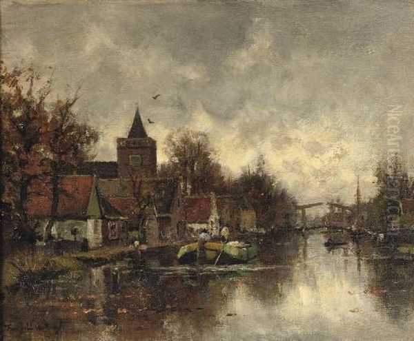 Shipping On The Vecht Near The Sint Nicolaaskerk, Vreeland Oil Painting by Fredericus Jacobus Van Rossum Du Chattel