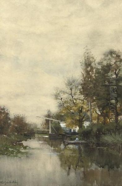 A Fisherman In His Boat Near A Drawbrigde Oil Painting by Fredericus Jacobus Van Rossum Du Chattel