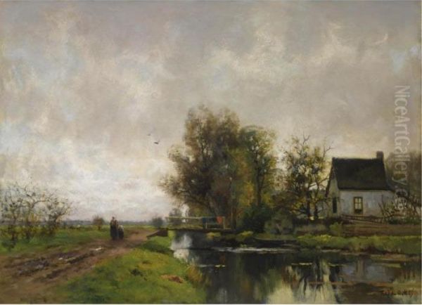 Figures Near A House On The Waterfront Oil Painting by Fredericus Jacobus Van Rossum Du Chattel