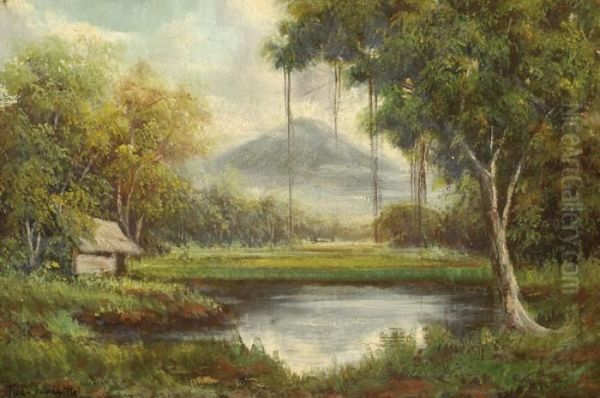 Indonesian Landscape Oil Painting by Fredericus Jacobus Van Rossum Du Chattel