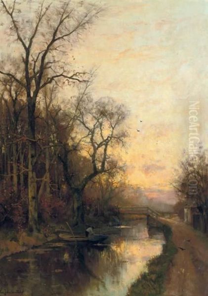 On The Canal At Sunset Oil Painting by Fredericus Jacobus Van Rossum Du Chattel