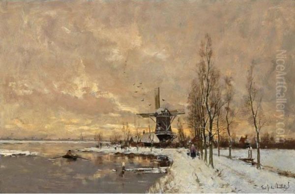 Windmills In A Snow Covered Landscape Oil Painting by Fredericus Jacobus Van Rossum Du Chattel