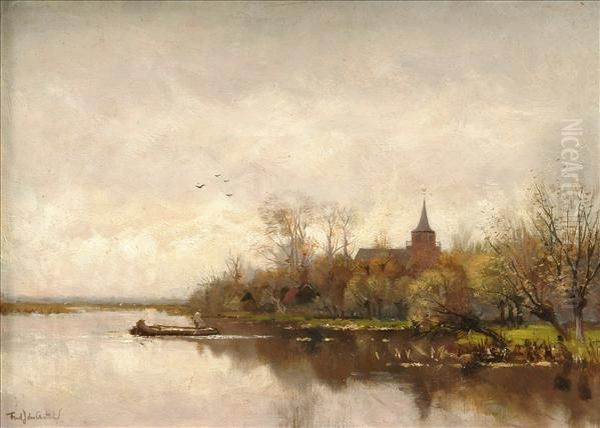 Fredericus Jacobus Van Rossum Du Chattel River Landscape With Church Oil Painting by Fredericus Jacobus Van Rossum Du Chattel