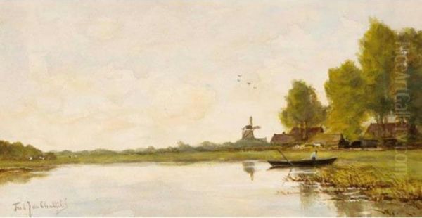 A Polder Landscape With Windmill Oil Painting by Fredericus Jacobus Van Rossum Du Chattel