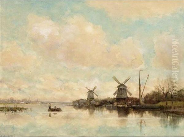 A River Scene With Windmills Oil Painting by Fredericus Jacobus Van Rossum Du Chattel