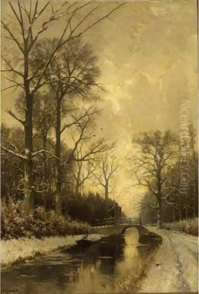 A Rowing Boat On A Canal In Winter Oil Painting by Fredericus Jacobus Van Rossum Du Chattel